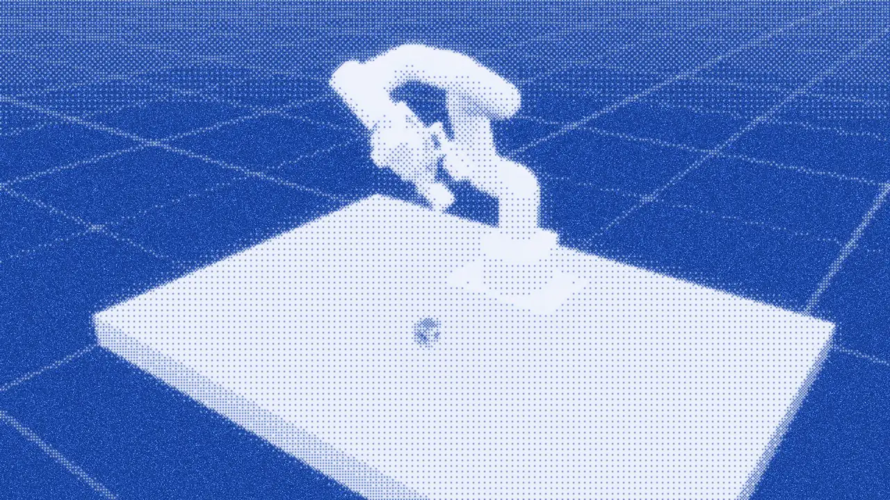 Frame from the clip: a simulated robot arm reaching down to a small cube on a table.