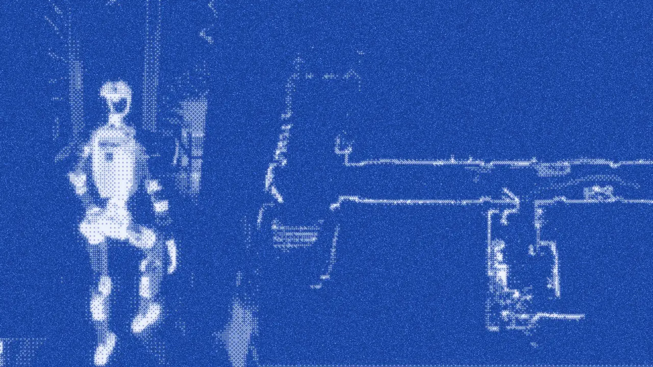 Frame from the clip: the G1 standing in a doorway, beside an occupancy-grid map with the planned path drawn on it.