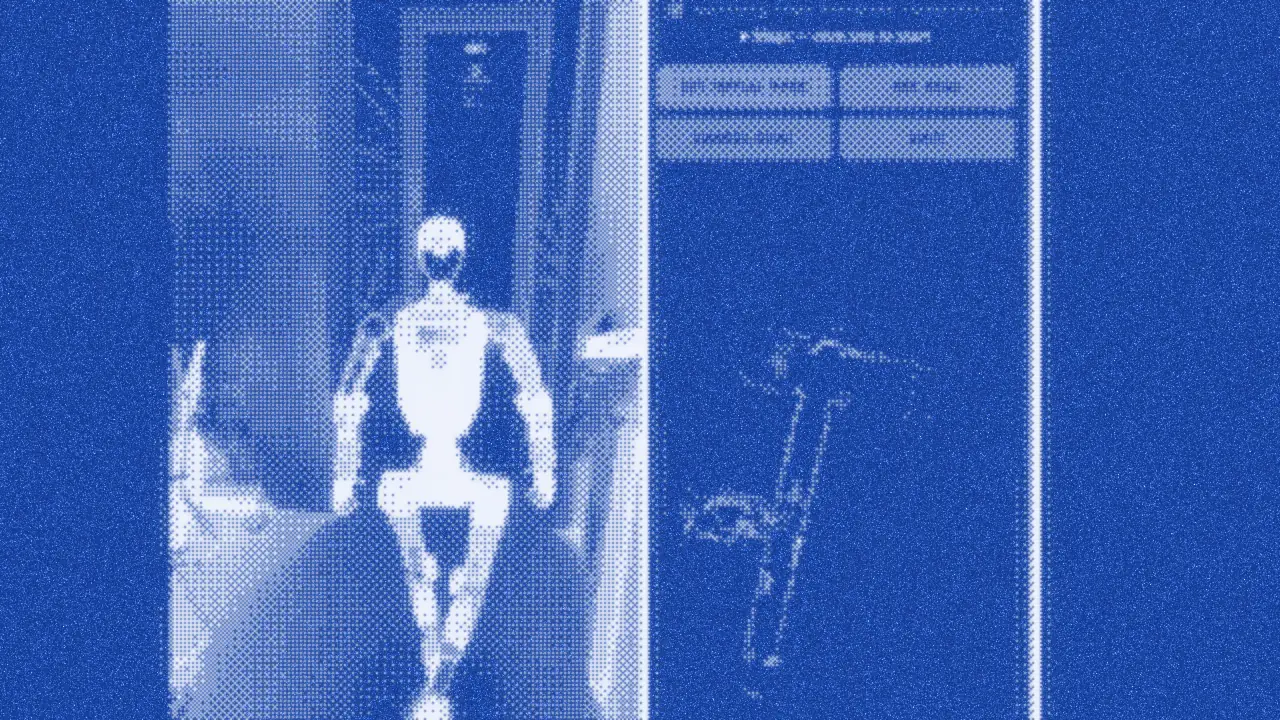 Frame from the clip: the G1 humanoid walking towards the camera, next to a phone screen with a map and control buttons.