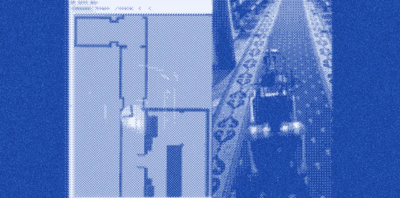 Frame from the clip: a floor map with the planned route beside the Go2 walking along a carpeted corridor.